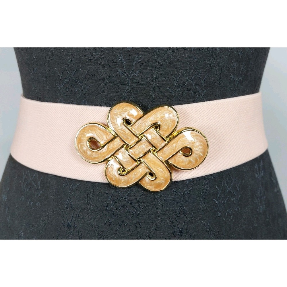 80s Day Lor Stretch Belt Gold Peach Pearl Celtic Knot Buckle Peach 2"x26" Flat